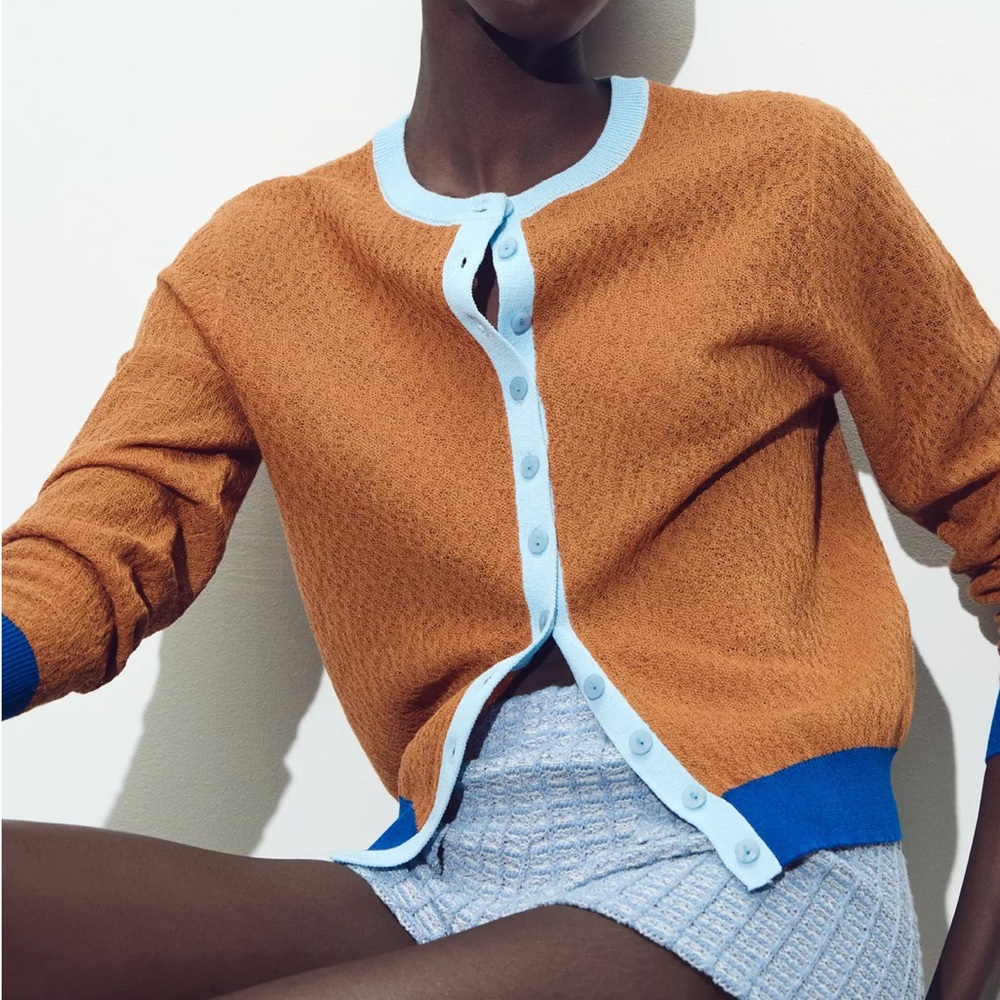 Zara Colorblock‎ Button-Up Cardigan in Rust, Sky Blue & Cobalt Size Small